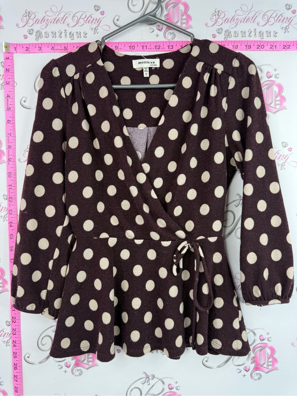 Monteau tie up shirt dotted purple Brown Polka Dot Wrap Peplum Top